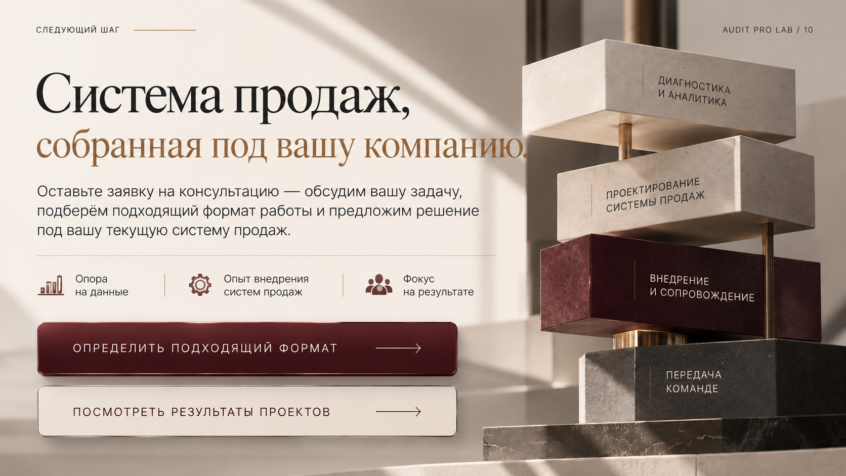 Система продаж, собранная под вашу компанию: диагностика и аналитика, проектирование, внедрение, сопровождение и передача команде.